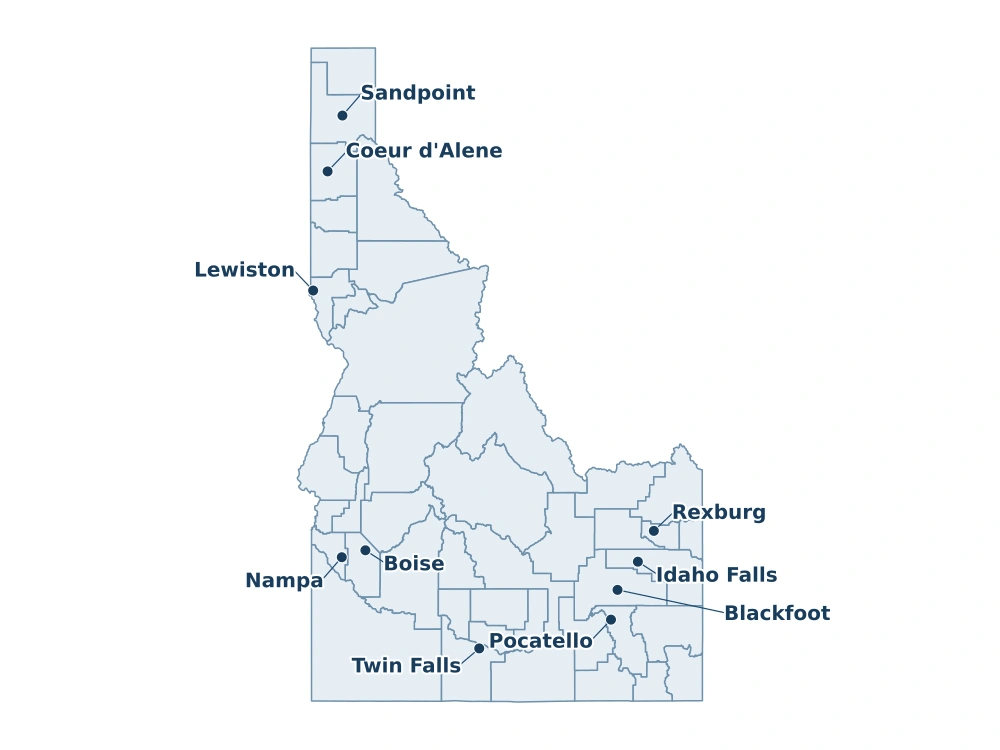 Source-backed map of Idaho county boundaries and selected cities